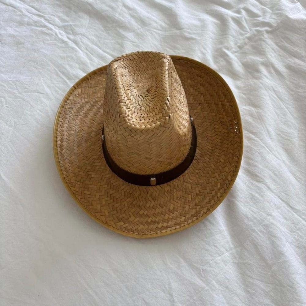 Natural Straw Western Cowboy Hat Studded Faux Leather Band Large/OSFM